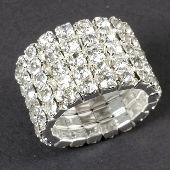 Silver Stretch Ring with Clear Rhinestones – Glamorous Wide Band Bling - 5 Rows - Picture 4 of 9